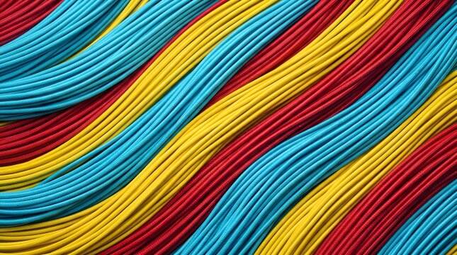 Woven abstract pattern of blue, red, and yellow cords, colorful texture background macro close-up, technology concept, copy space