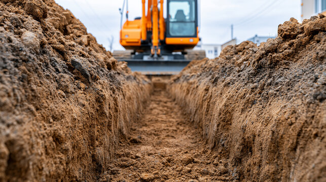 A yellow excavator digs a long trench in a dirt construction site. It represents industrial development and.