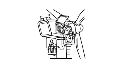Obraz premium Elegant Black and White Line Drawing of Wind Turbine Maintenance with Technicians Working Inside the Nacelle