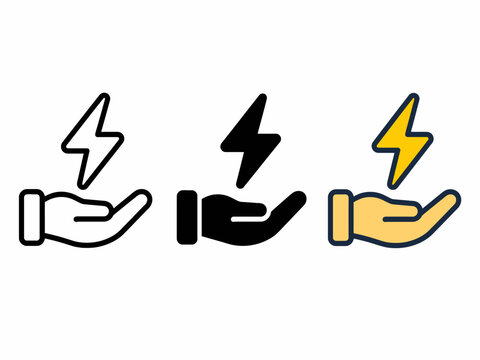 Electric power icons: hand holding lightning bolt symbol in three styles