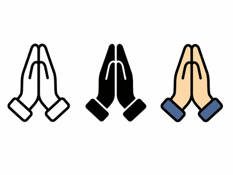Three praying hands icons in different skin tones with clasped position