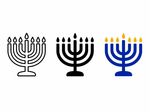 Set of three menorah designs with candles in line art, solid black, and blue