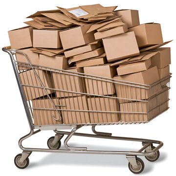 A silver shopping cart overflowing with numerous brown cardboard boxes, symbolizing online shopping and delivery frenzy.