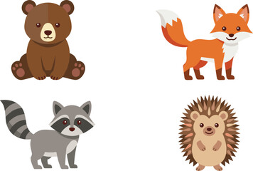 Obraz premium Cute Flat Design Woodland Animal Vector Character Set Featuring Baby Bear Red Fox Raccoon and Hedgehog Illustrations for Nursery Decor
