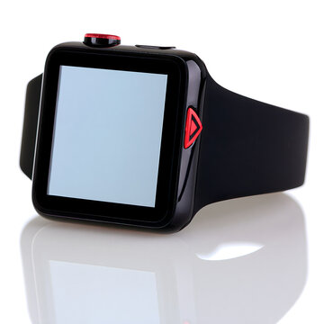 A sleek black smartwatch with a large display and a striking red button, shown from a side angle.