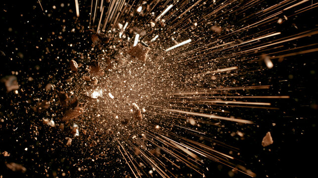 Dynamic explosion effect featuring a spray of debris and sparks against a dark backdrop.