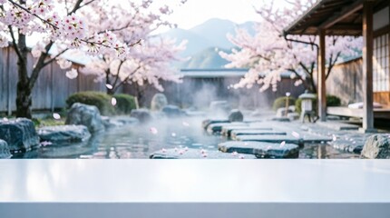 Fototapeta premium Japanese Garden with Cherry Blossoms and Steamy Pond for Web Design