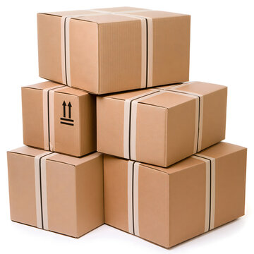 A stack of five brown cardboard boxes, ready for shipping, with clear labeling and packing tape.
