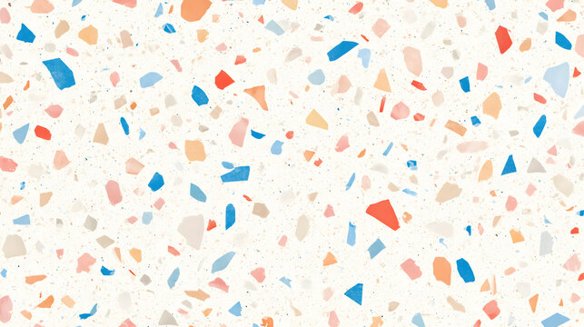 Colorful terrazzo floor with vibrant chips in shades of blue, orange, and beige, creating a cheerful and modern aesthetic.