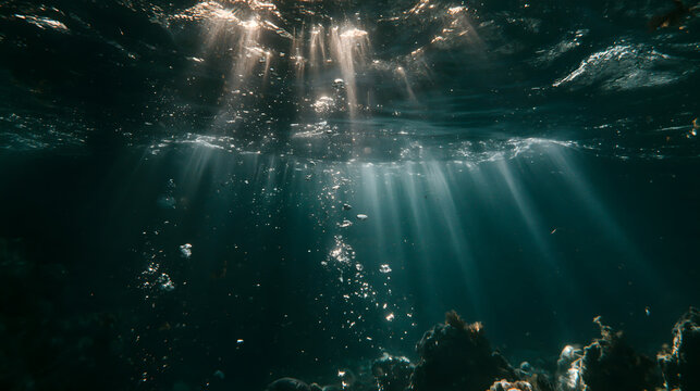 Beneath the waves: Sunlight streams through clear ocean waters, illuminating a serene underwater landscape.