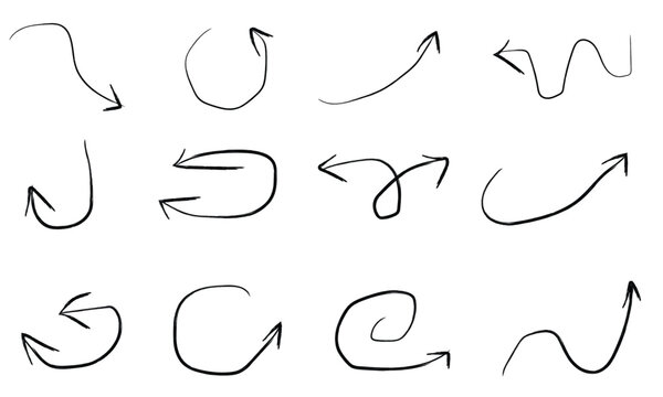 Collection of black hand drawn arrows and sketching doodles isolated on white background for design usage as pointers markers or infographics visual elements in digital projects.