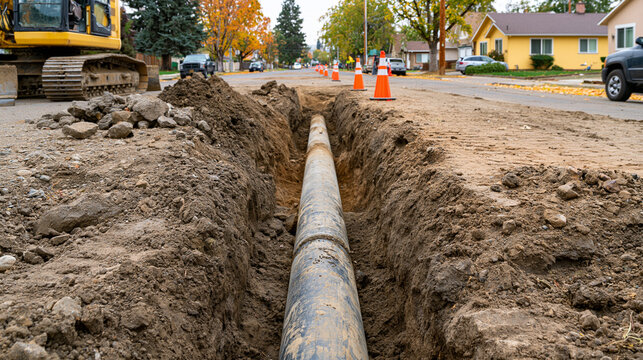 A large utility pipe sits inside a trench under construction on a neighborhood street. Industrial infrastructure.