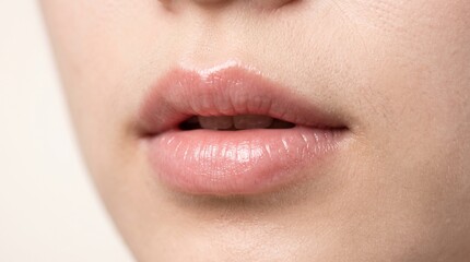 Naklejka premium Young Japanese woman lips close-up in a bright indoor studio setting, natural beauty and skincare concept, great for wellness and self care marketing