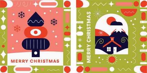 Merry Christmas festive cards featuring colorful geometric designs snowflakes and holiday scenes © Beauti Rani Roy