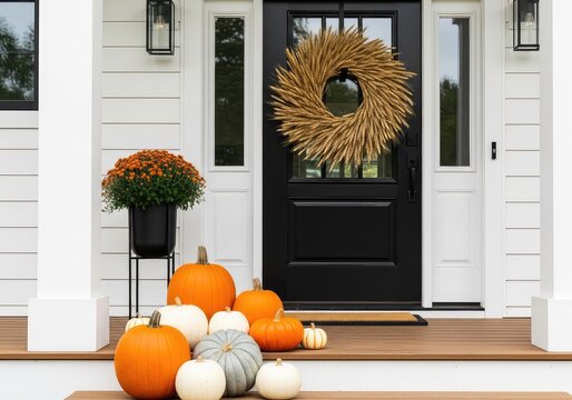 Modern farmhouse porch features a rustic wheat wreath on the black door, surrounded by orange and white pumpkins on wood steps for fall, steps, celebration, rustic