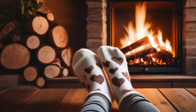 feet in white heart patterned socks relaxing beside warm fireplace inside a cozy rustic room