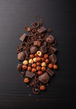 Scattering of dark chocolate chunks, thin shavings, and whole toasted hazelnuts artfully arranged on a dark wooden tabletop background, nuts, composition, close-up