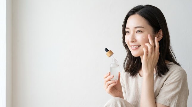 Young Japanese woman applying facial serum in a bright indoor studio setting, natural beauty and skincare concept, great for wellness and self care marketing
