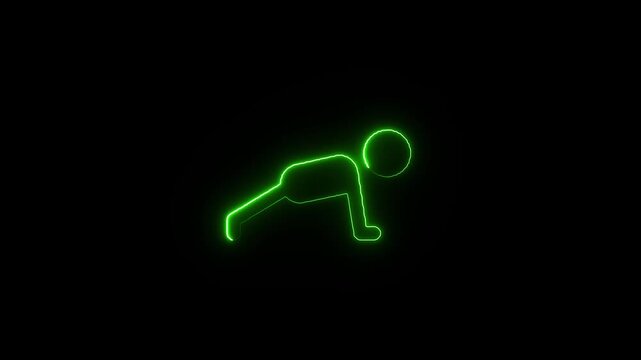Green neon glowing icon representing a person doing a plank exercise line showing stylized human figure