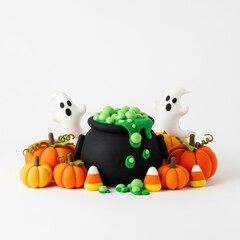 Fototapeta premium This wide Halloween scene showcases a soft felt cauldron with bubbling green texture surrounded by handcrafted textile pumpkins and decor, textile, brew, bubbling