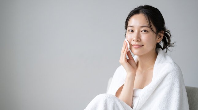 Young Japanese woman using cotton pad on cheek in a bright indoor studio setting, natural beauty and skincare concept, great for wellness and self care marketing