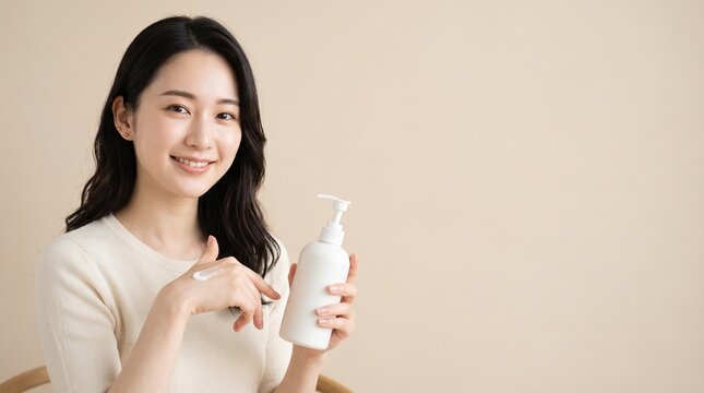 Young Japanese woman applying body lotion in a bright indoor studio setting, natural beauty and skincare concept, great for wellness and self care marketing