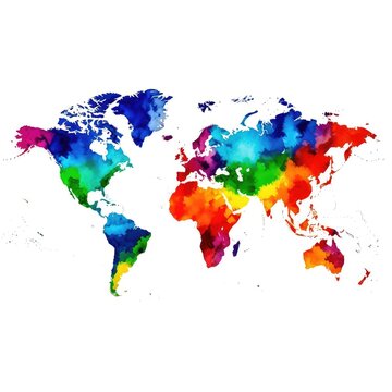This artistic representation shows the world map in vibrant watercolor splashes, featuring various hues that blend together on a white base, green, textures, wet