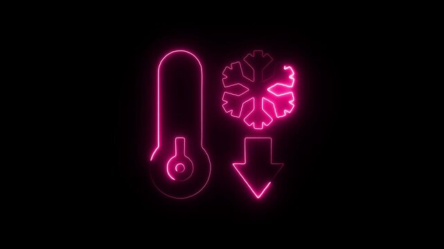 Glowing pink neon thermometer icon with a snowflake symbol and downward arrow indicating cold temperature