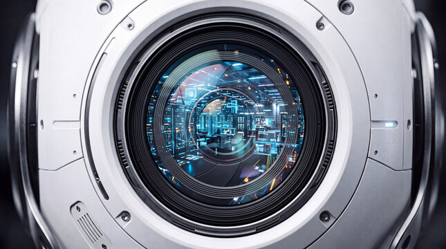 Close-up of a futuristic camera lens assembly featuring mechanical white casing and internal blue circular light reflections, ideal for high-tech industrial, robotics, or engineering themes.