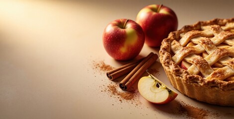 Fototapeta premium Fresh baked apple pie sits near cinnamon sticks, whole red fruit on table. Golden light illuminates pastry crust with sweet filling. Composition provides wide negative space on beige background for