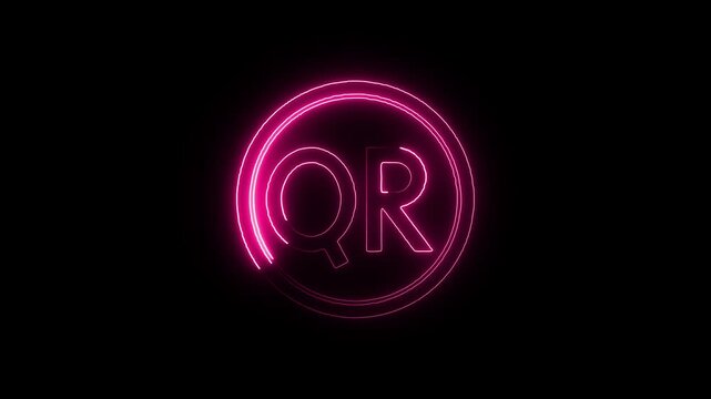 Pink neon qr code scan symbol a glowing outline circular icon displaying the letters qr on a dark