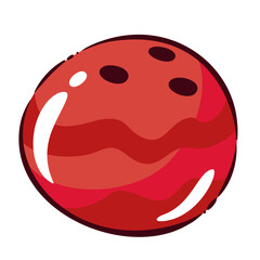 Fototapeta premium Bowling ball with three finger holes and glossy red surface. Sports club, tournament and game graphics featuring a bowling ball, cartoon vector illustration.