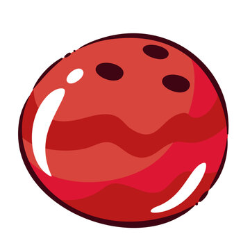 Bowling ball with three finger holes and glossy red surface. Sports club, tournament and game graphics featuring a bowling ball, cartoon vector illustration.