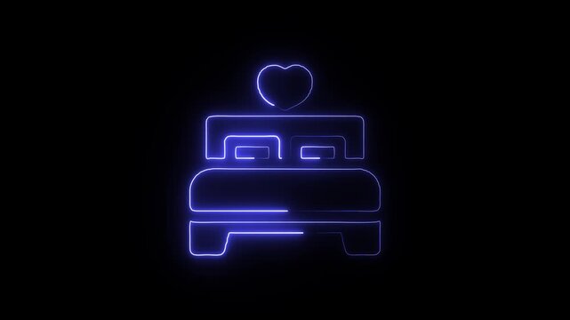 Neon blue outline icon of a double bed with a heart shape above it on black background glowing line art