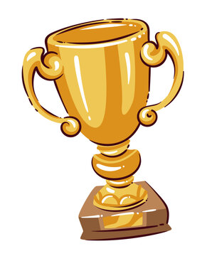 Trophy cup with ornate handles and golden finish. Awards, sports events and winner graphics featuring a trophy cup, cartoon vector illustration.
