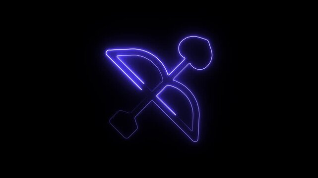 Neon blue line art illustration of a bow and arrow cupid symbol on a black background an glowing outline
