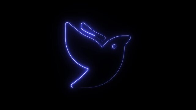 Neon blue glowing outline of a flying bird icon on black background a minimalist line art drawing of in flight