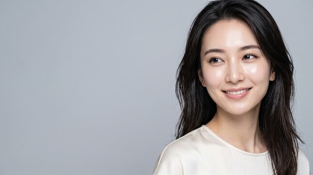 Young Japanese woman smiling gently in a bright indoor studio setting, natural beauty and skincare concept, great for wellness and self care marketing