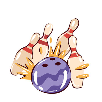 Bowling strike with a purple ball crashing into pins and impact bursts. Sports club, tournament and game graphics show a bowling strike, cartoon vector illustration.