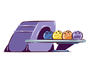 Fototapeta premium Bowling ball return with four colorful balls on a raised track beside the lane. Bowling club and alley graphics featuring a bowling ball return, cartoon vector illustration.