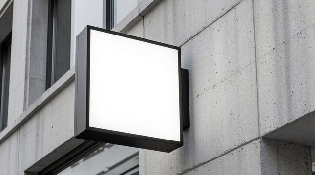 Empty square lightbox mounted on grey concrete building wall. Modern glowing sign template for branding design. Blank white advertising display frame fixed on city exterior surface. Pro retail