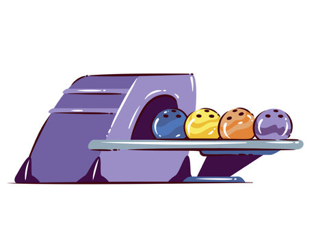 Bowling ball return with four colorful balls on a raised track beside the lane. Bowling club and alley graphics featuring a bowling ball return, cartoon vector illustration.
