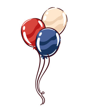Party balloons in red, blue and cream with long curling strings. Birthday, celebration and event graphics featuring party balloons, cartoon vector illustration.