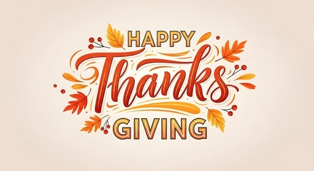 Fototapeta premium Decorative hand lettering design for a happy thanksgiving day celebration with colorful autumn leaves and fall foliage
