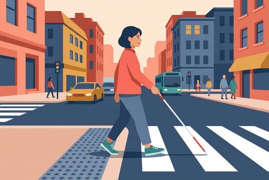 AI generated illustration of a blind woman using a cane at a crosswalk with tactile paving