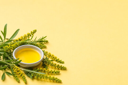 Fresh Weld Plant Reseda Luteola Sprigs with Yellow Natural Dye Extract in White Ceramic Dish on Warm Yellow Background, Natural Botanical Dye Concept with Copy Space
