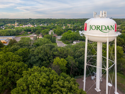 Jordan Minnesota Water Tower and Downtown Aerial View in the Minnesota River Valley