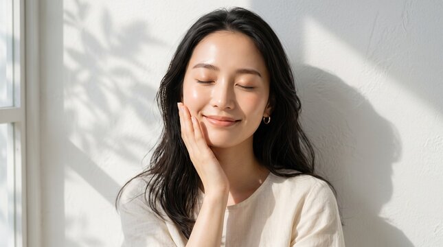 Young Japanese woman touching her cheek against a soft neutral background, beauty campaign photography, great for wellness and self care marketing