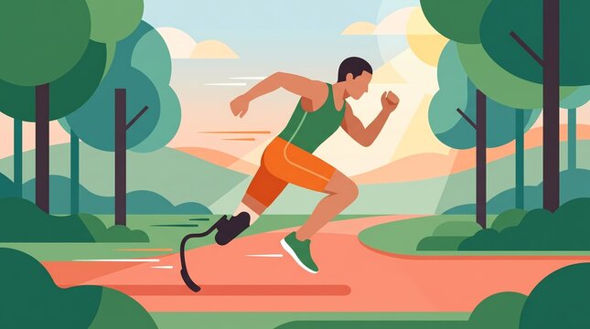 AI generated illustration of a para-athlete with a running blade sprinting in a sunny park