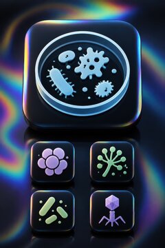 Microbiology app icons with bacteria and virus symbols in 3D render
